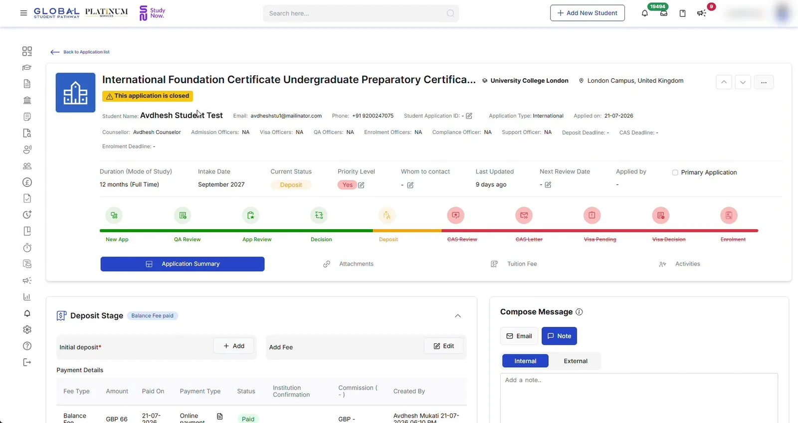 Live GSP application record with the ten-stage tracker, officers, deposit stage and messages
